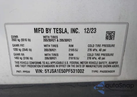 2023 Tesla Model S Dual Motor All-Wheel Drive/Standard Range from USA, damaged, VIN 5YJSA1E50PF531002